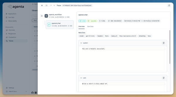 Observability view showing an open trace for an OpenAI application